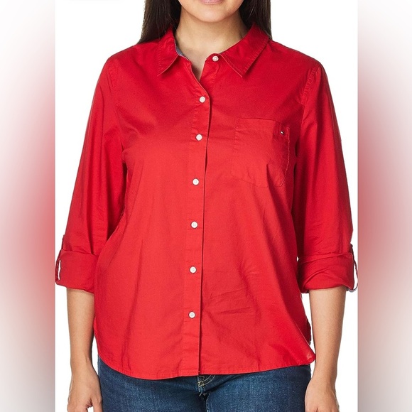 Plus Size Cotton Red Roll-Tab Shirt NWT - Picture 1 of 11